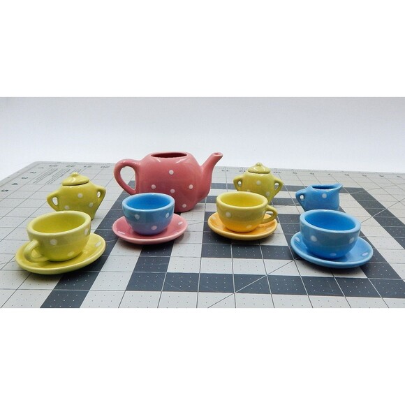 Child's Miniature Pastel Polka Dot Tea Set Brooklyn Lollipop Porcelain Replace - Picture 2 of 9